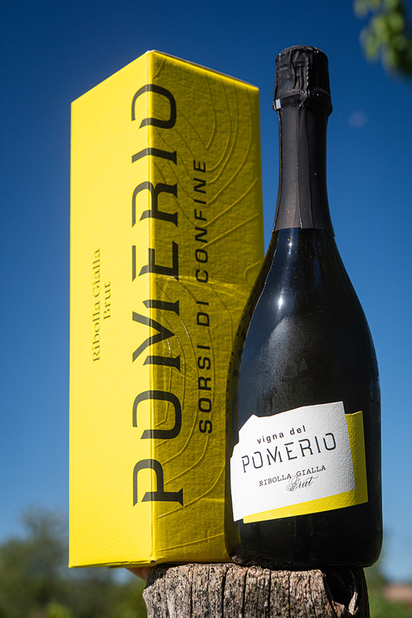 Bottiglia di vino Ribolla Gialla spumante Brut Millesimato Pomerio in primo piano con il suo astuccio, appoggiati al palo di testata della vigna in una giornata soleggiata.